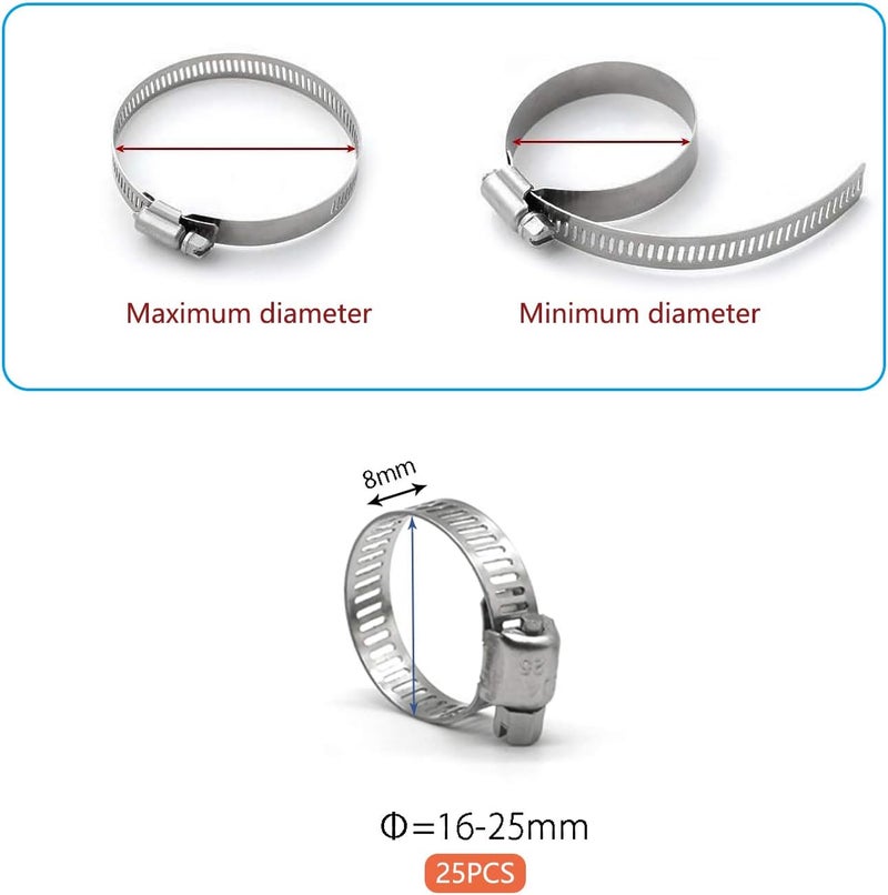 ZIPCCI Hose Clamp, 25 Pack Stainless Steel Worm Gear fuel line hose clamps, 16-25mm (5/8-1 inch) - Image 2